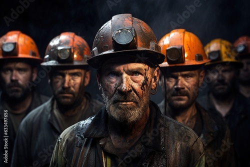 Group of mine workers wearing hardhats and helmets standing in a mine. photo