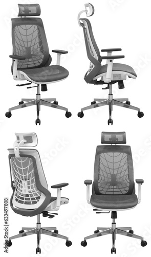 Modern office computer chair. With mesh back and adjustable. Interior element. Isolated from the background. From different angles
