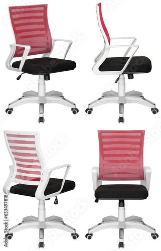 Modern office computer chair. With mesh back and adjustable. Interior element. Isolated from the background. From different angles