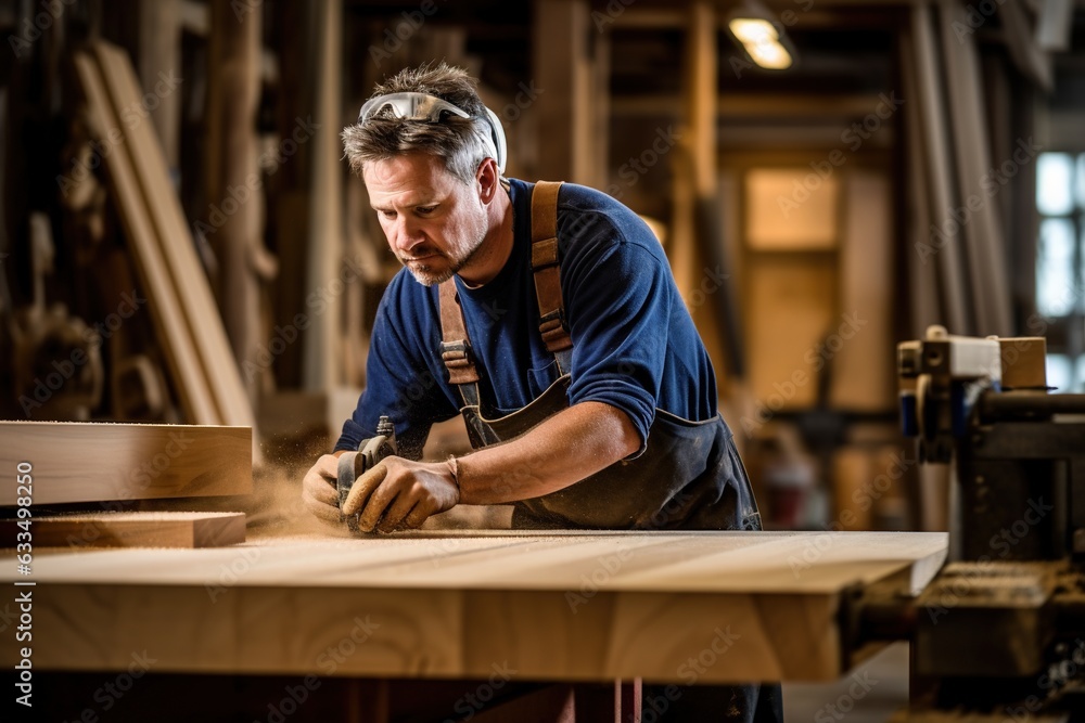 Male carpenter work in wood shop. Male carpenter work in wood shop.