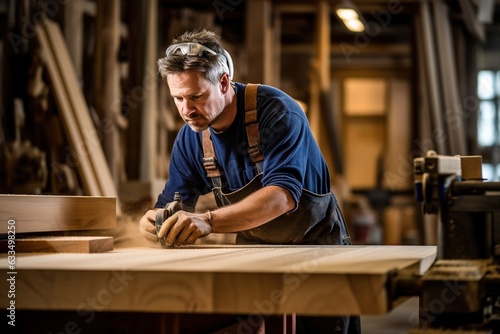 Male carpenter work in wood shop.