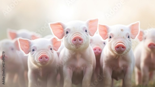 Generative AI, little pigs looking at the camera on a farm