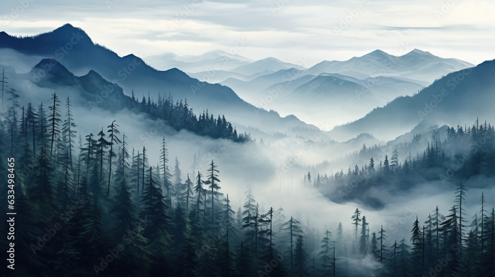Photo realistic illustration of mountains forest fog morning.