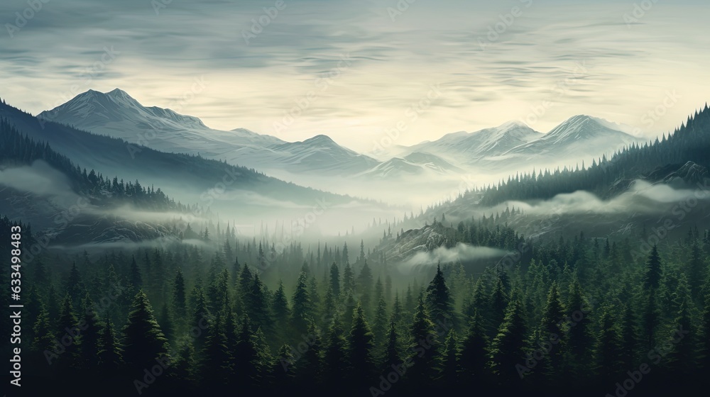Photo realistic illustration of mountains forest fog morning.