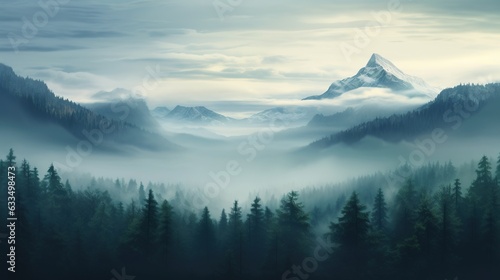 Photo realistic illustration of mountains forest fog morning.