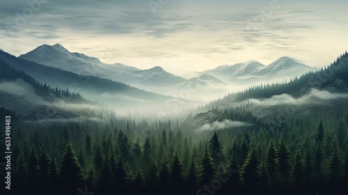 Photo realistic illustration of mountains forest fog morning.