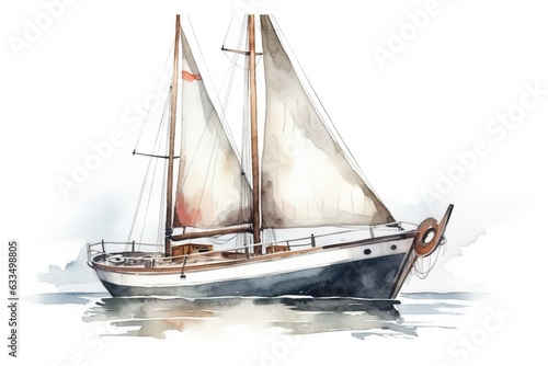 Large sail boat on white background, watercolor style. Generative AI.