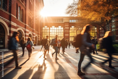 Students walking to class in a university or college environment. Moving crowd motion blurred background. Generative AI.