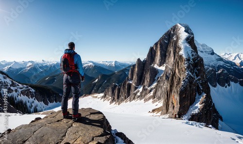 back view of man in high snowy mountains looking at distant mountain that he is going to climb in winter, sunny day blue sky, generative AI photo