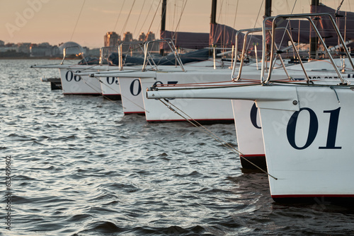 six sheathed sailboats stand in port waiting for tomorrow's race, bowsprits and masts at dusk