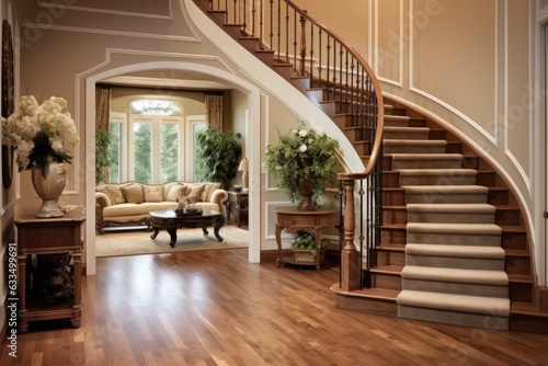 The front entrance foyer of a luxurious home is adorned with rich wood tones that exude elegance. A staircase stands prominently, leading to the upper levels of the house. Accompanied by the staircase