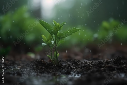 young plants growing up on ground with raining drop