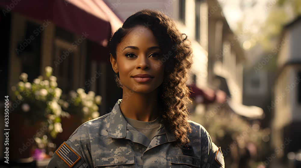 Portrait of proud patriotic american black woman wearing U.S. military uniform smiling looking at camera. USA veterans day, patriotism. - obrazy, fototapety, plakaty 