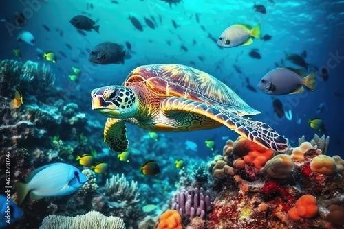 turtle with group of colorful fish and sea animals, generative AI