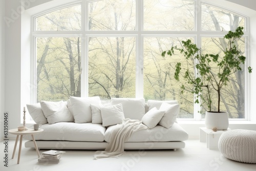 A living room with a white color scheme and a sofa, with a view of a summer landscape through the window. This space is designed in a Scandinavian style, and the image is a .