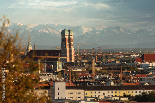 Famous Munich Skyline with Frauenkirche and Alps