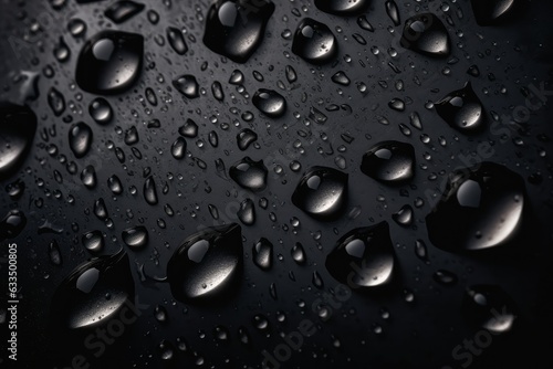 Water drops on a black leather surface. Close up