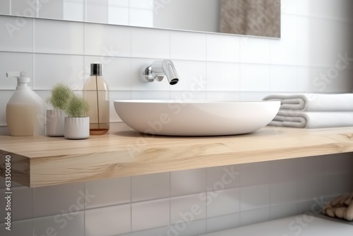 White bathroom interior. Empty wooden table top for products  generated with AI
