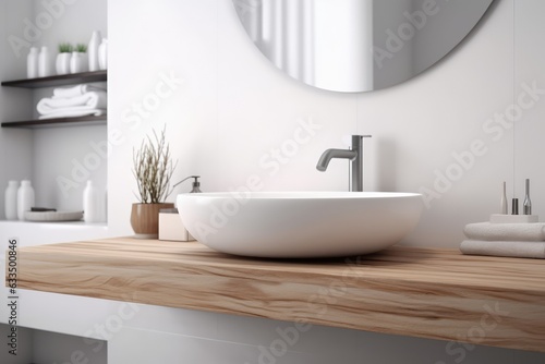 White bathroom interior. Empty wooden table top for products  generative AI