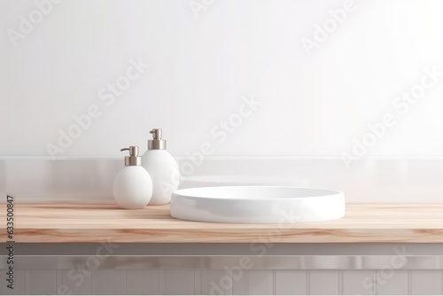 White bathroom interior. Empty wooden table top for products, generated by AI