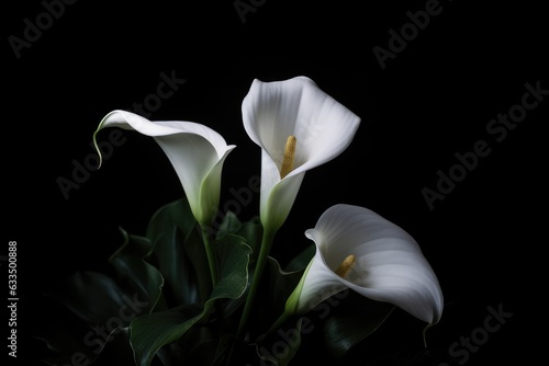 White calla lily flowers on black background, generative AI