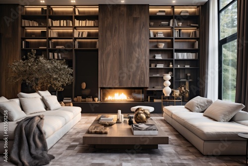 In a luxurious country house with a modern design, the living room boasts a chic and expensive interior. The marble wall fireplace adds a touch of elegance, while a stylish bookcase extends all the
