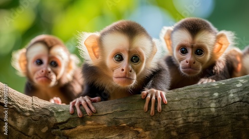  a group of monkeys sitting on top of a tree branch.  generative ai