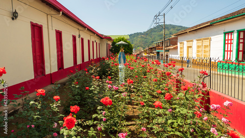 Fototapeta Naklejka Na Ścianę i Meble -  Rose garden with virgin statue, Jardín, Antioquia (Colombia)