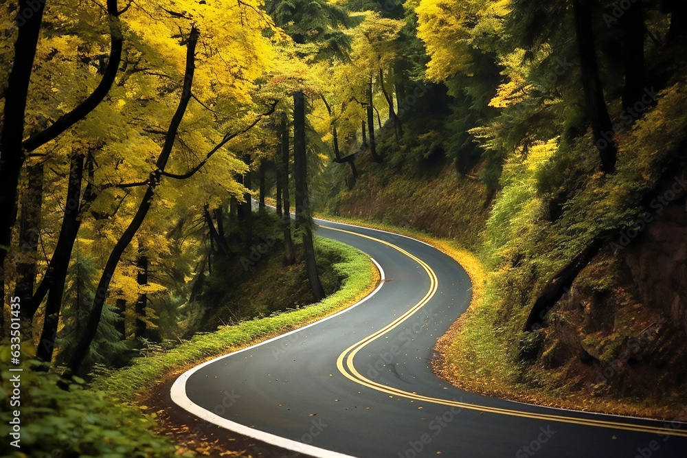 Fototapeta premium Landscape of a winding road in a forest. Generative AI