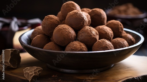  a bowl full of chocolate truffles on a table.  generative ai