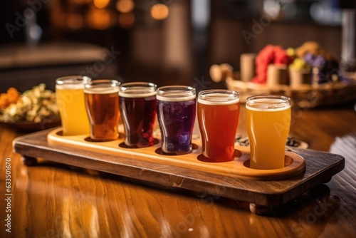 beer flight with various styles and colors in a wooden tray
