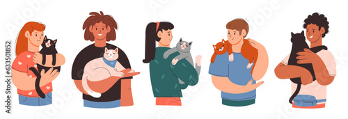 Pet owners. Men and women with cats. People with their cute pets. Cartoon flat vector set.