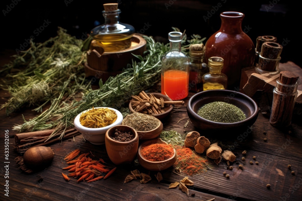 herbal tea ingredients spread out on a wooden surface herbal tea ingredients spread out on a wooden surface