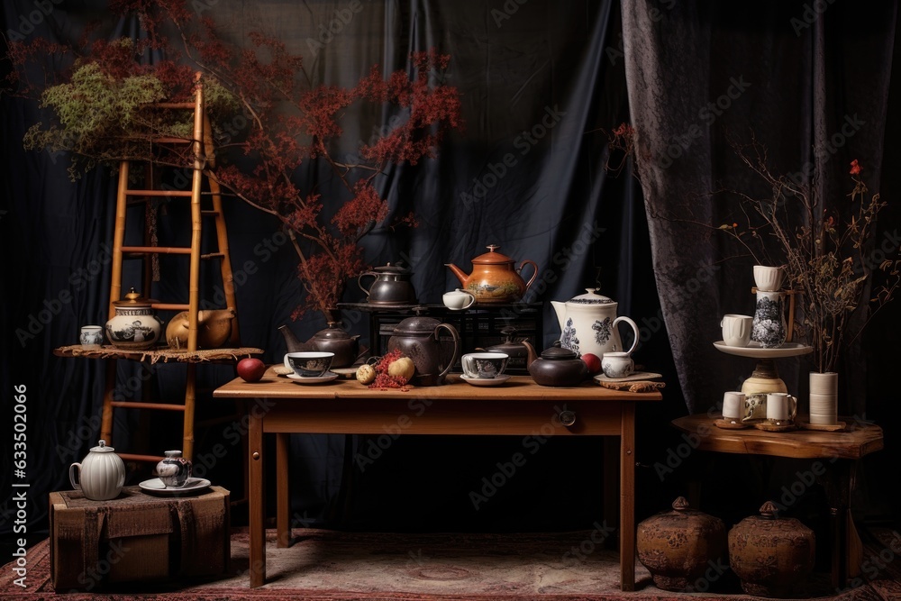 traditional asian tea ceremony setup with teaware