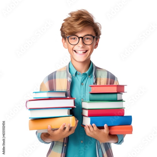 Happy student boy with books isolated