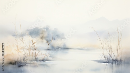  a painting of a lake with water and trees in the background. generative ai