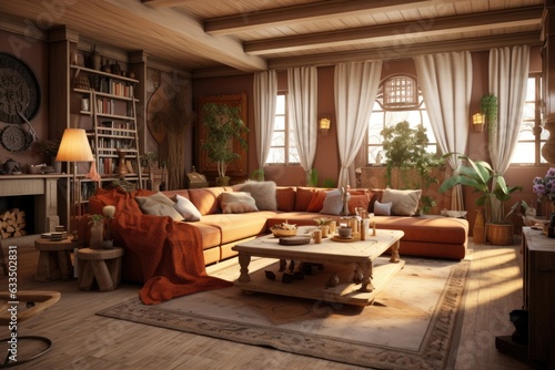 Bohostyle home interior, featuring a living room adorned in a cozy and inviting brown hue. Presented in a threedimensional rendering. © 2rogan