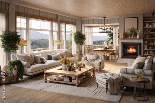 A comfortable farmhouseinspired living room interior  represented in a rendering.