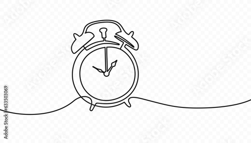 Continuous one line drawing of vintage alarm clock vector design. Single line art illustration on the theme of time, deadline, morning, time to work on transparent background