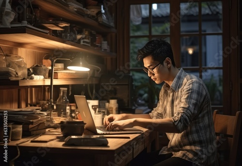 Young man working with laptop at home © olegganko