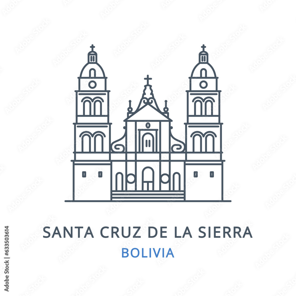 Vector illustration of Santa Cruz de la Sierra in the country of  Bolivia. Linear icon of the famous, modern city symbol. Cityscape outline line icon of city landmark on a white background.