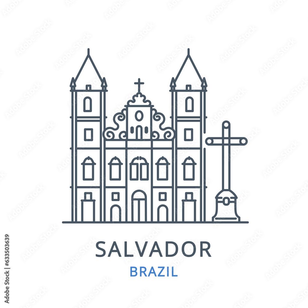 Salvador, Brazil. Vector illustration of Salvador in the country of Brazil. Linear icon of the famous, modern city symbol. Cityscape outline line icon of city landmark on a white background.
