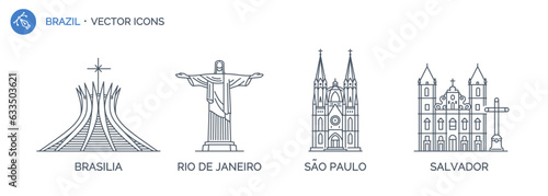 Collection of Brazil city outline icons with urban landmarks. Linear illustration of modern city symbols by BRASILIA, RIO DE JANEIRO, SÃO PAULO, SALVADOR.