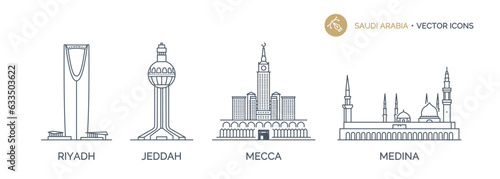Сollection of SAUDI ARABIA cities icons with urban landmarks. Linear illustrations of modern city symbols by RIYADH, JEDDAH, MECCA, MEDINA. Vector on white background isolated. #633503622