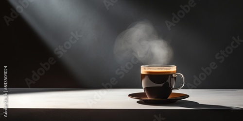 Brand café de lujo aislado fondo oscuro, café especialidad caliente mesa de madera y fondo oscuro, branding minimalista café photo