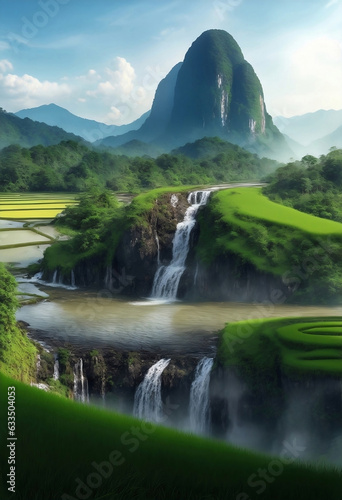 Rice field with mountain and waterfall in Thailand, Generative AI Illustration.
