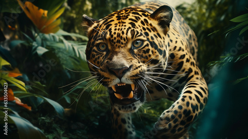 Stunning wild jaguar running towards camera in a tropical forest background