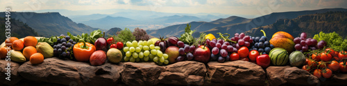 Group of fruits and vegetables, mountain landscape background, healthy eating and vegan concept, diet