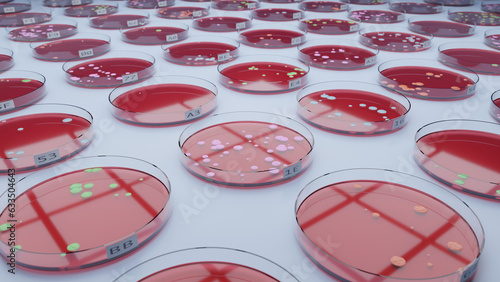 Photography 3d render of a collection of petri dishes containing different colored microbial growth