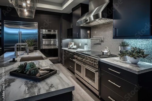 A lavish and sophisticated kitchen featuring premium stainless steel appliances, adorned with marble and glass tiles.